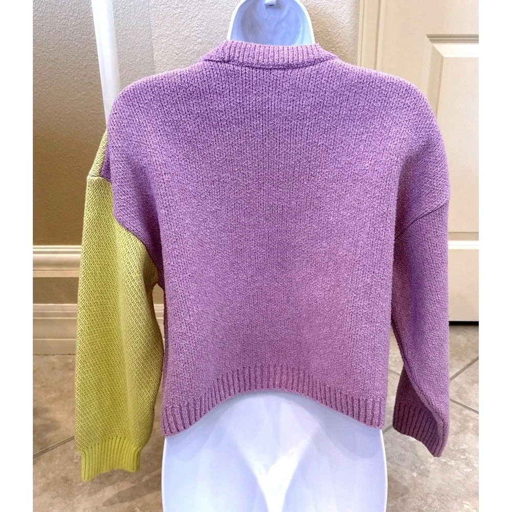Zara Knit Floral Wavy Colorblock Cropped Sweater Pastel Yellow‎ Lilac Sz M